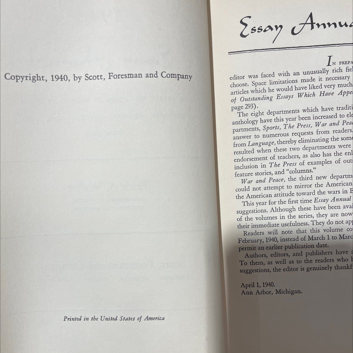 1940 essay annual a yearly collection of significant essays personal critical controversial and humorous book, by Erich image 3