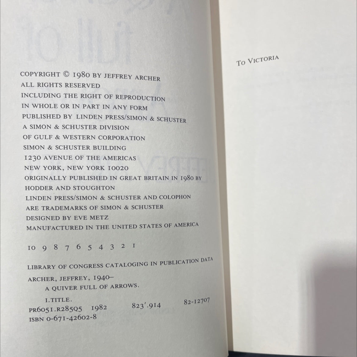 a quiver full of arrows book, by jeffrey archer, 1982 Hardcover image 3