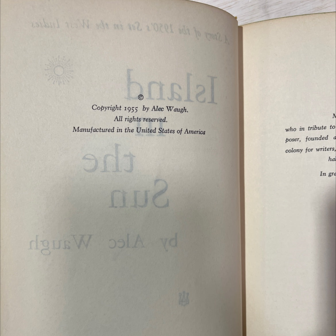 a story of the 1950's set in the west indies island in the sun book, by alec waugh, 1955 Hardcover, Vintage, Heavily image 3