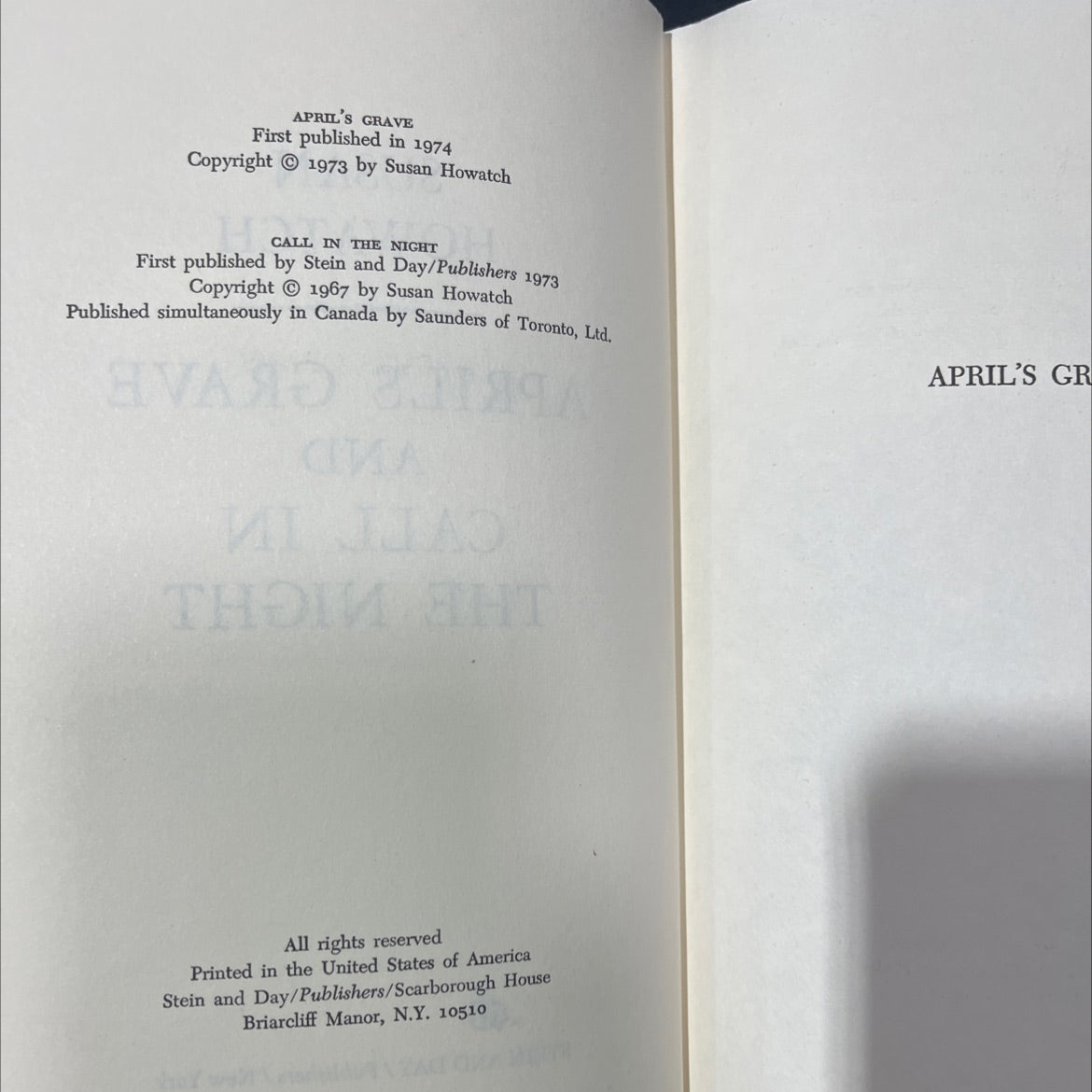 april's grave and call in the night book, by Susan Howatch, 1974 Hardcover image 3