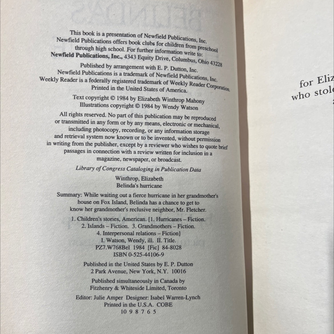 belinda's hurricane book, by Elizabeth Winthrop, 1984 Hardcover image 3