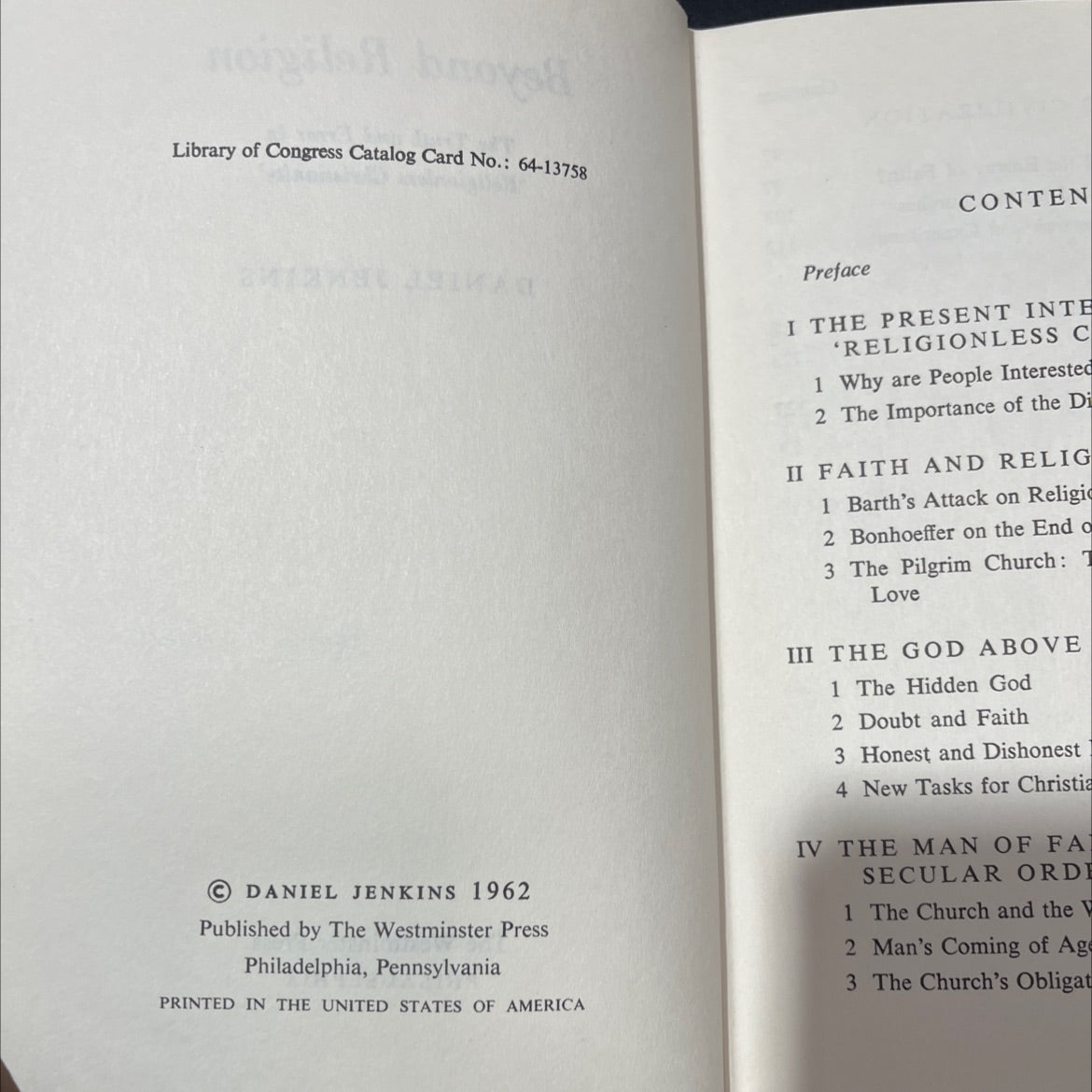 beyond religion the truth and error in 'religionless christianity' book, by daniel jenkins, 1962 Hardcover image 3