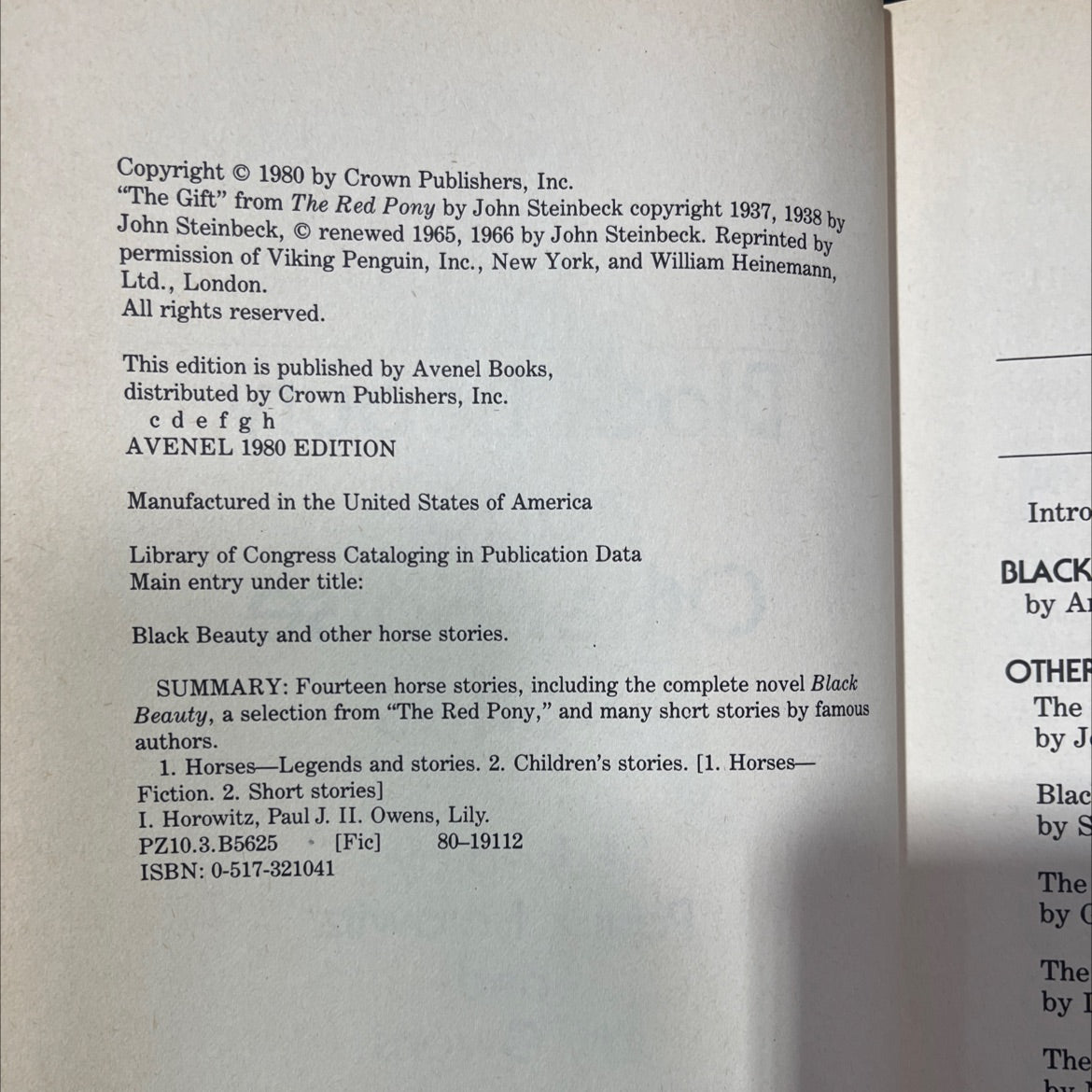 black beauty and other horse stories book, by Paul J. Horowitz, Lily Owens, 1980 Hardcover image 3