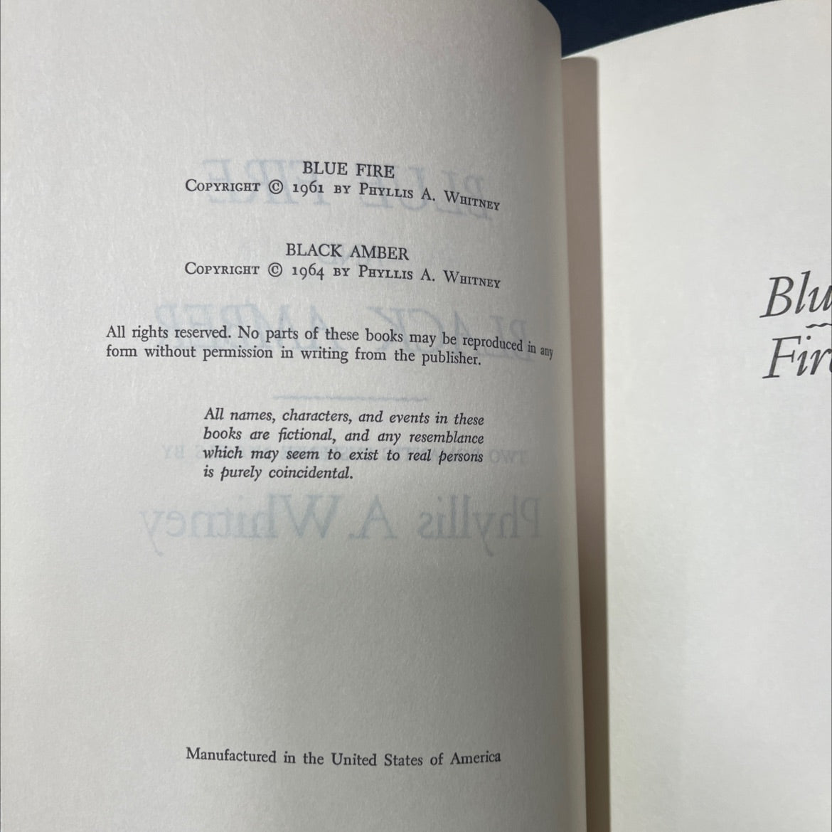blue fire and black amber two romantic suspense novels book, by Phyllis A. Whitney, 1964 Hardcover image 3