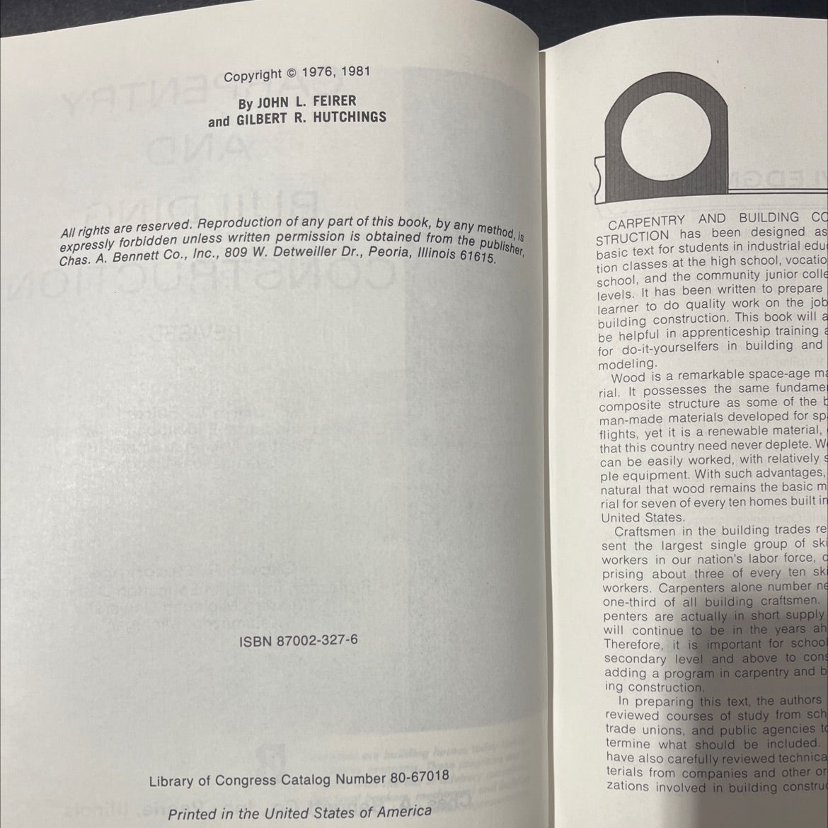 carpentry and building construction book, by john l. feirer, gilbert r. hutchings, 1981 Hardcover image 3