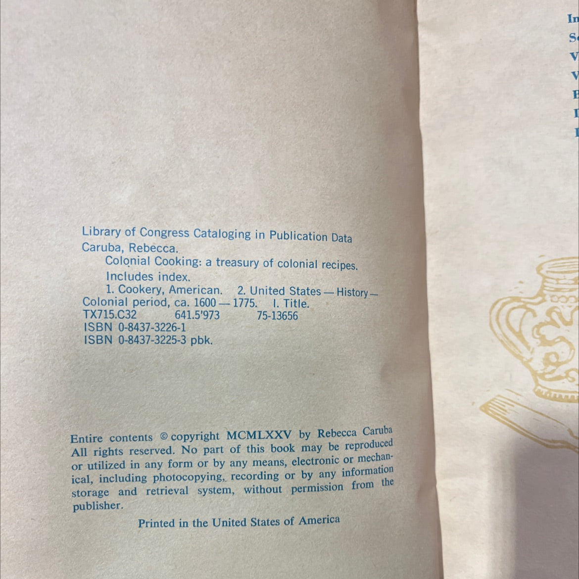 colonial cooking a treasury of colonial recipes book, by Rebecca Caruba, 1975 Hardcover image 3