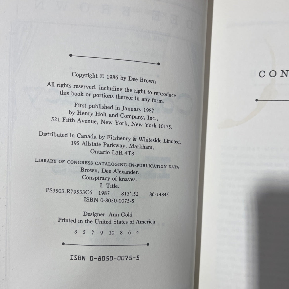 conspiracy of knaves book, by Dee Brown, 1987 Hardcover image 3