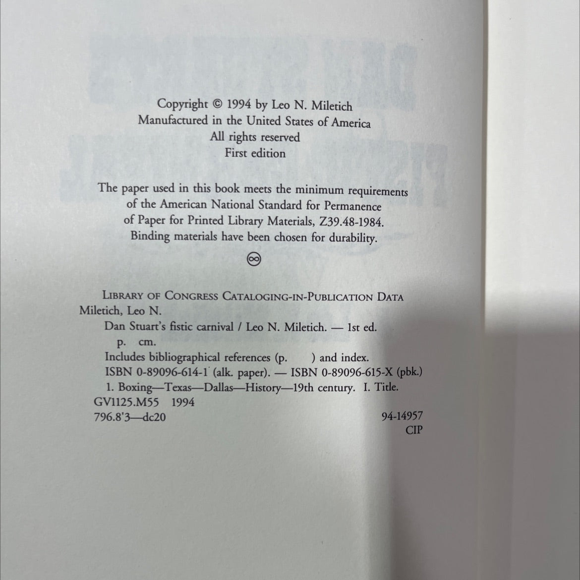 dan stuart's fistic carnival book, by leo n. miletich, 1994 Hardcover image 3