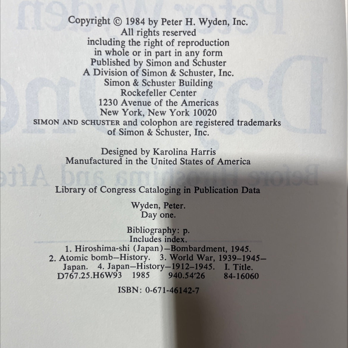 day one book, by Peter H. Wyden, 1984 Hardcover image 3