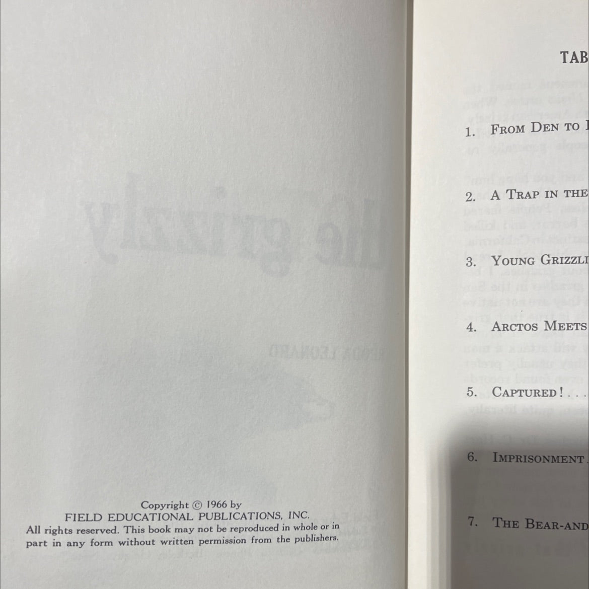 eseatitle 1 table of contoneonta arctos the grizzly book, by rhoda leonard, 1966 Hardcover image 3