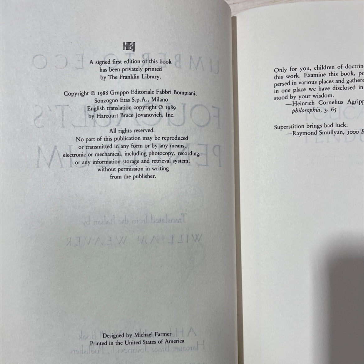 foucault's pendulum book, by umberto eco, 1989 Hardcover, First Edition image 3