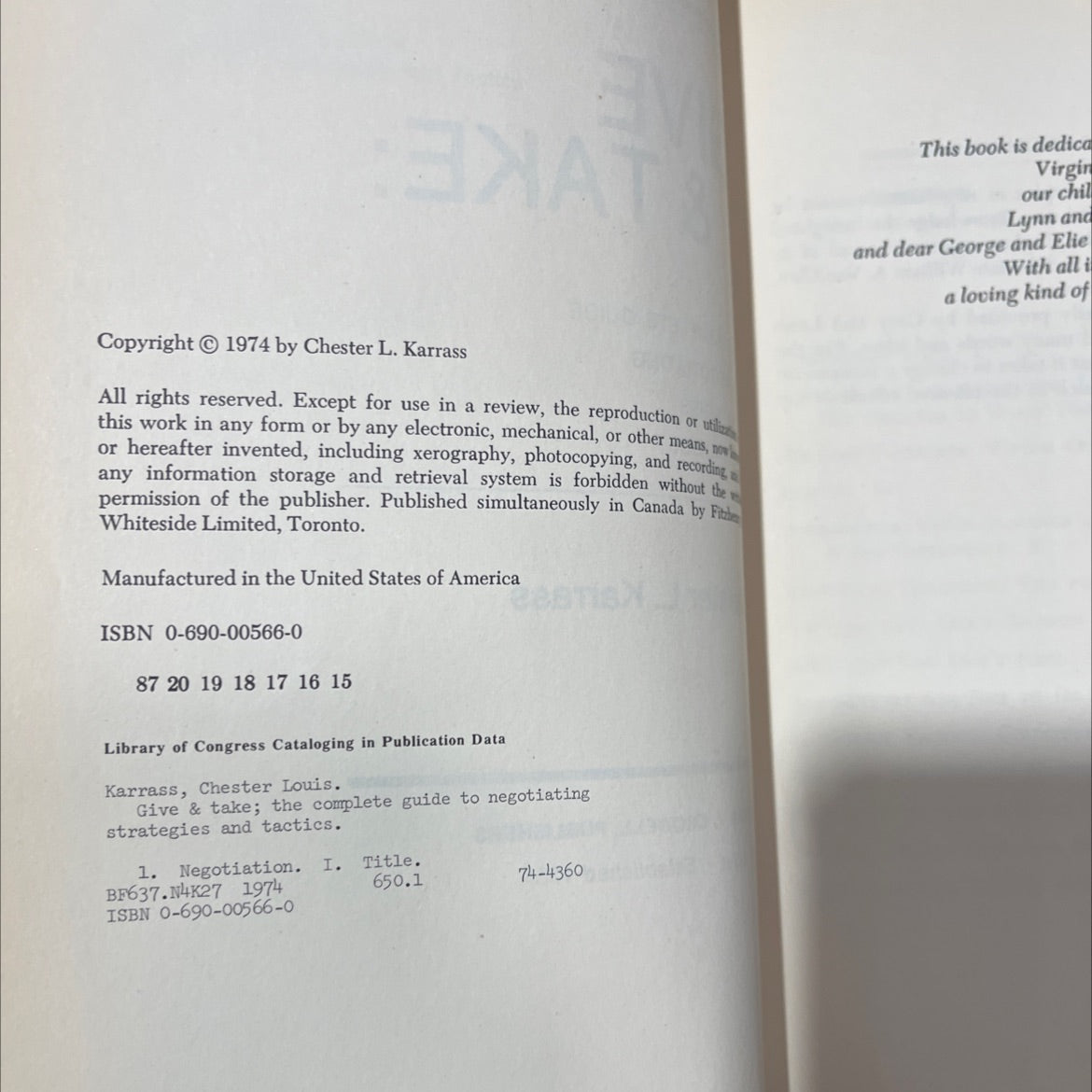 give & take: the complete guide to negotiating strategies and tactics book, by Chester L. Karrass, 1974 Hardcover image 3