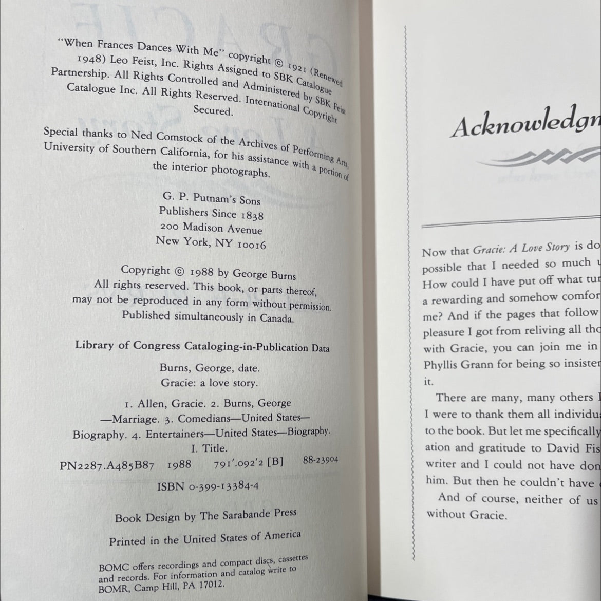 gracie a love story book, by george burns, 1988 Hardcover, Vintage image 3