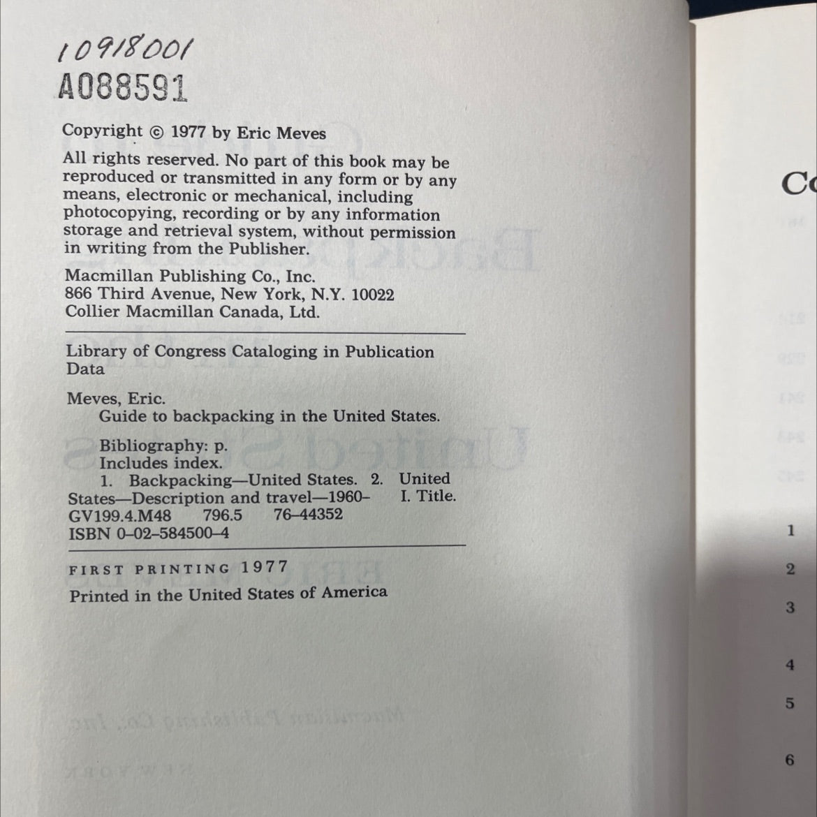 guide to backpacking in the united states book, by Eric Meves, 1977 Hardcover image 3