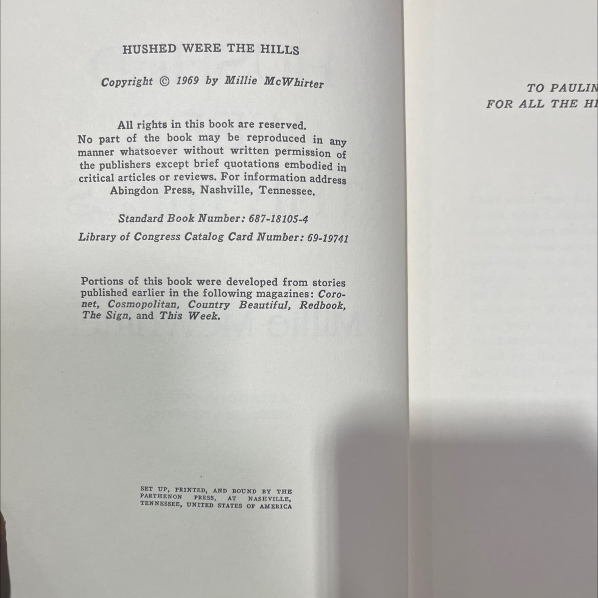 hushed were the hills book, by Millie McWhirter, 1969 Hardcover image 3