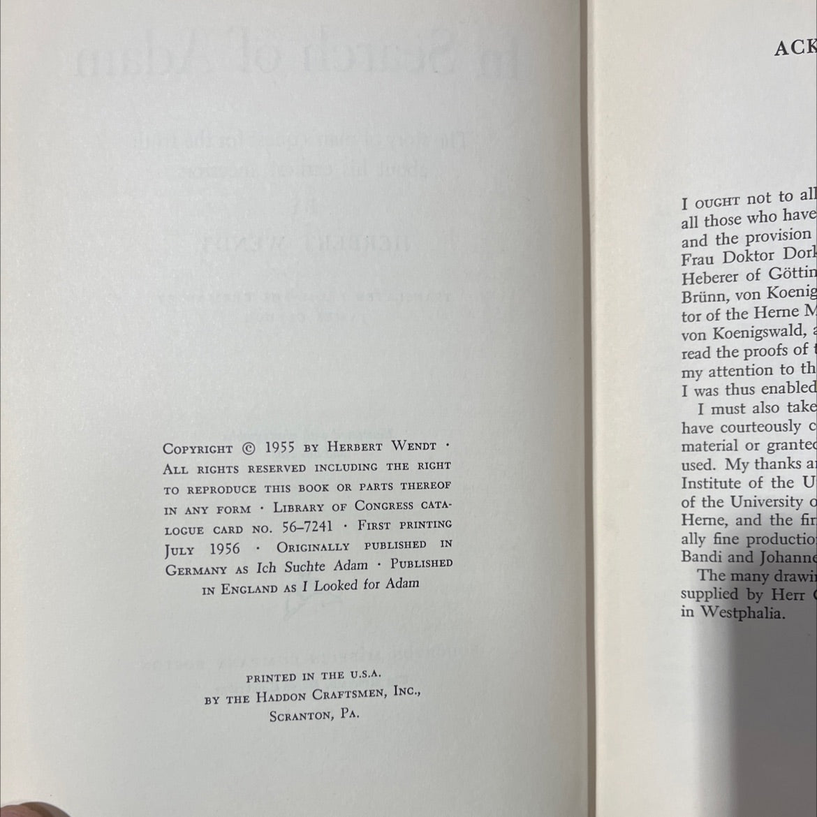 in search of adam book, by herbert wendt, 1956 Hardcover, Vintage image 3