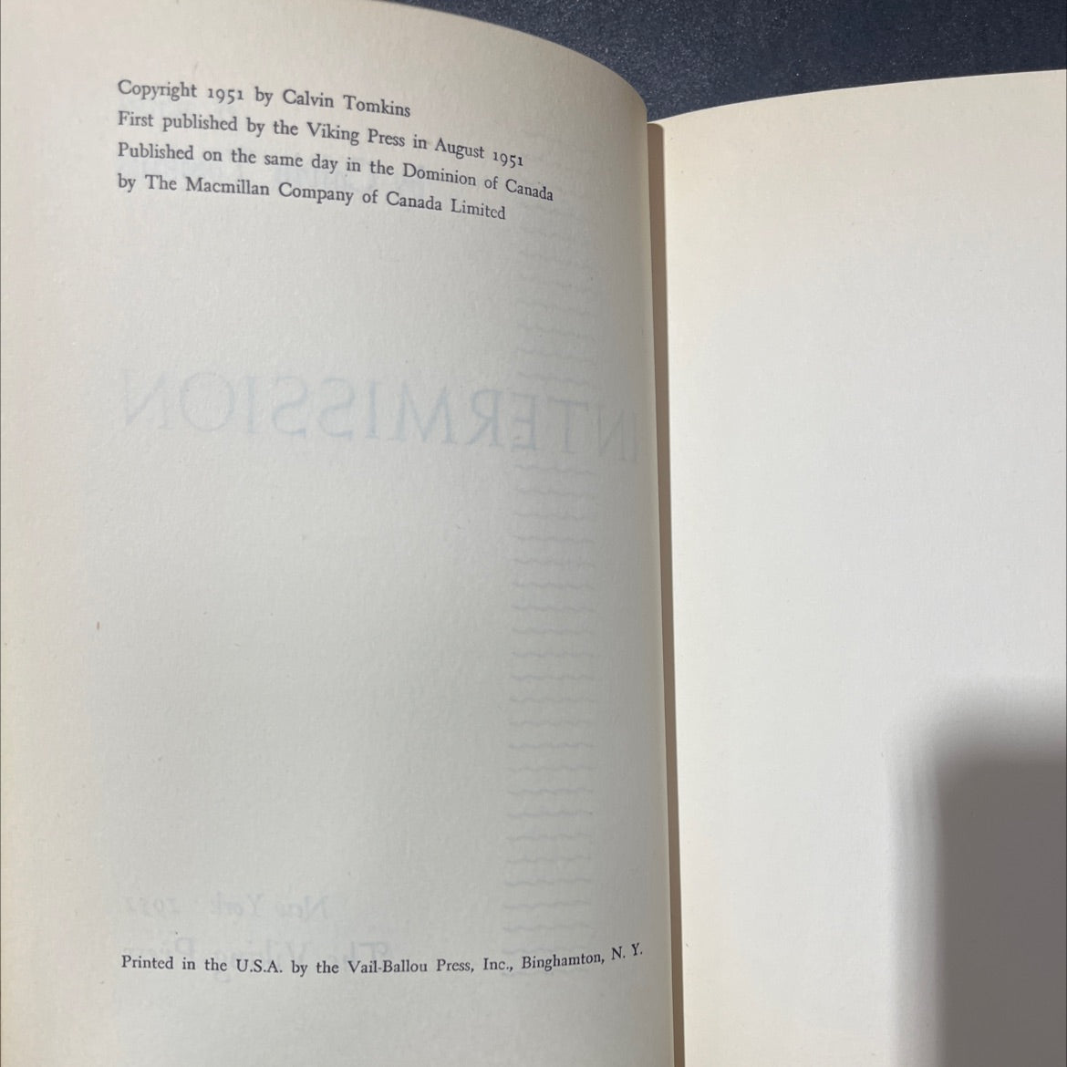 intermission book, by Calvin Tomkins, 1951 Hardcover image 3