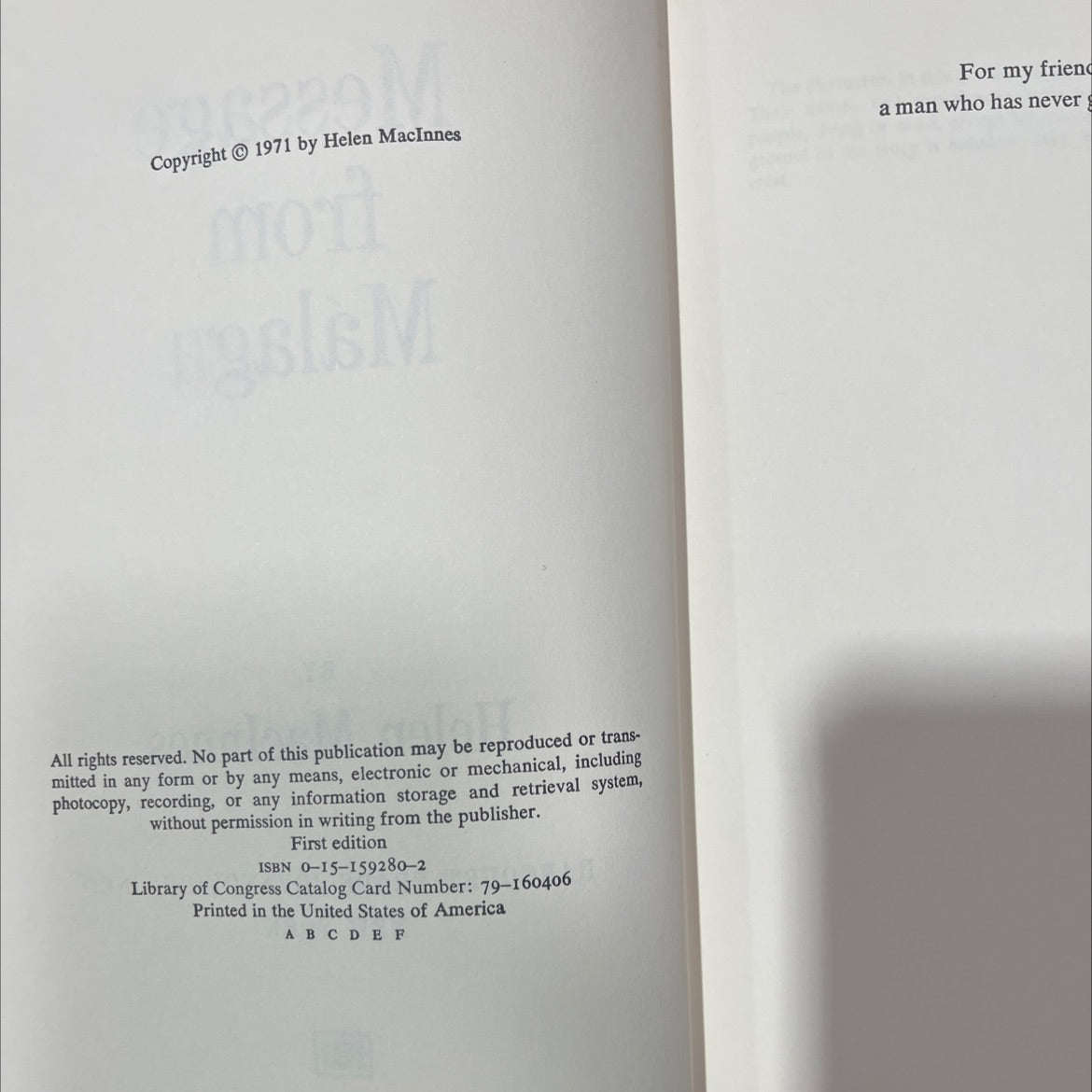 message from málaga book, by helen macinnes, 1971 Hardcover image 3