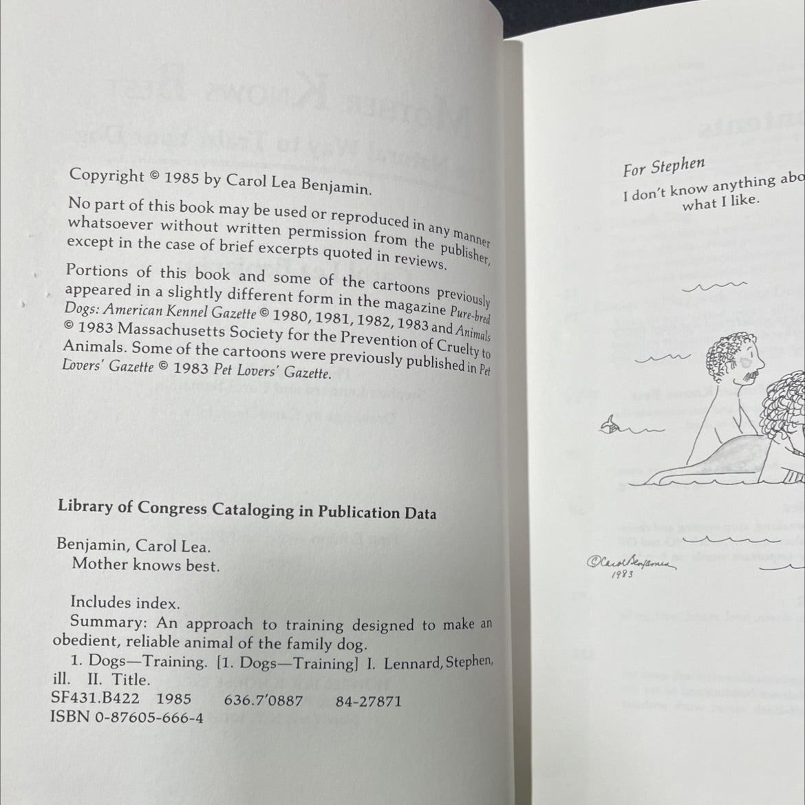 mother knows best the natural way to train your dog book, by Carol Lea Benjamin, 1985 Hardcover image 3