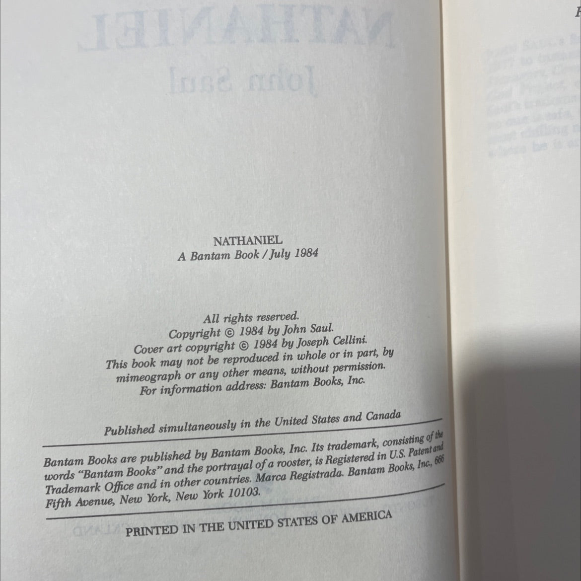 nathaniel book, by John Saul, 1984 Hardcover, Vintage image 3