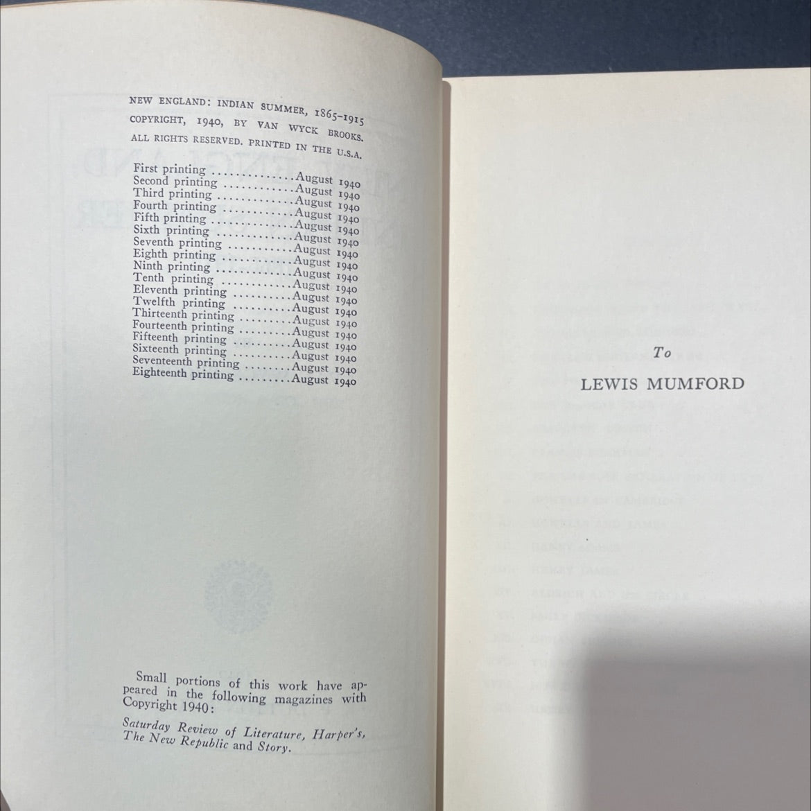 new england: indian summer, 1865-1915 book, by van wyck brooks, 1940 Hardcover image 3