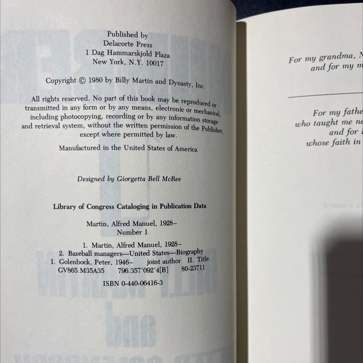 number 1 book, by billy martin and peter golenbock, 1980 Hardcover image 3