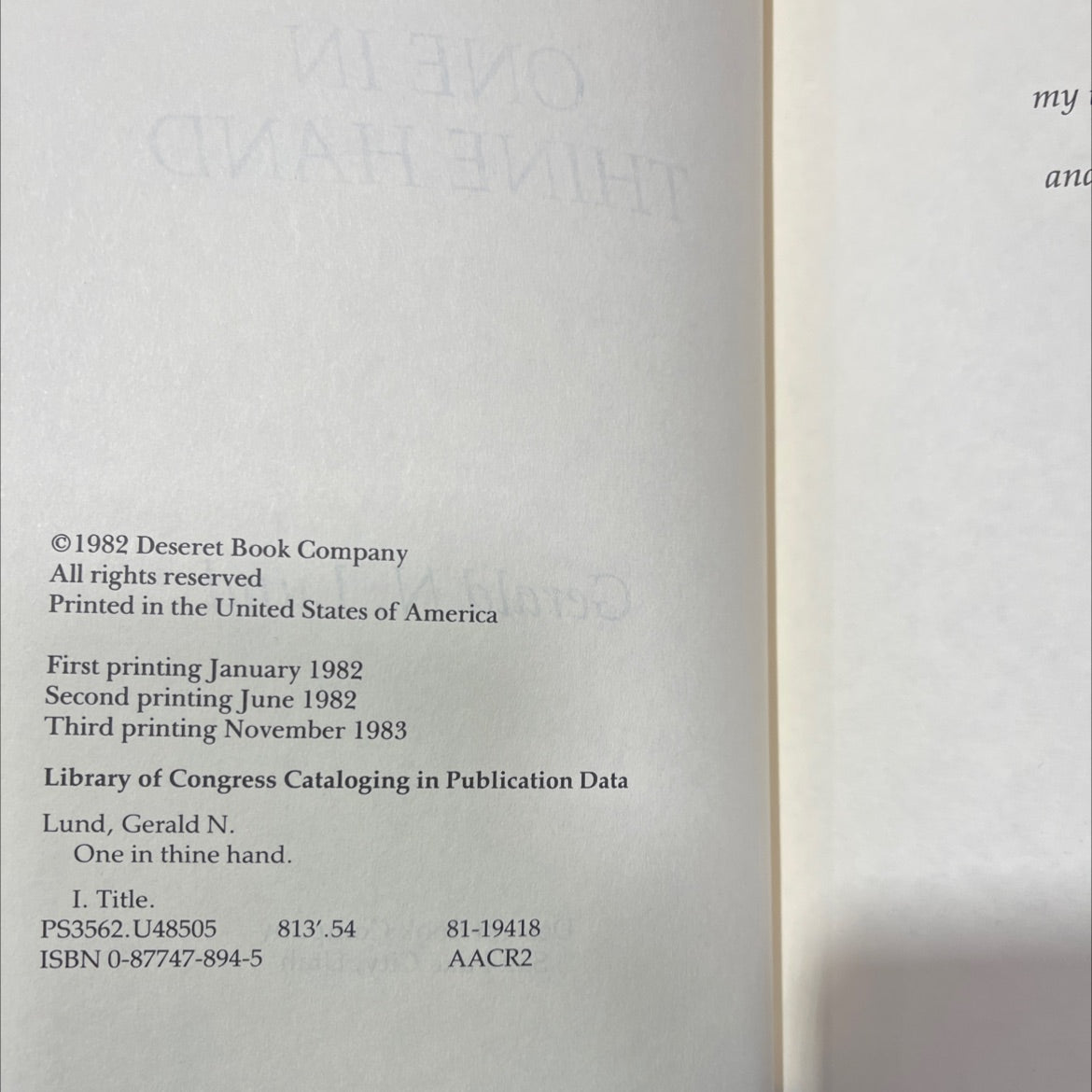 one in thine hand book, by gerald n. lund, 1983 Hardcover image 3