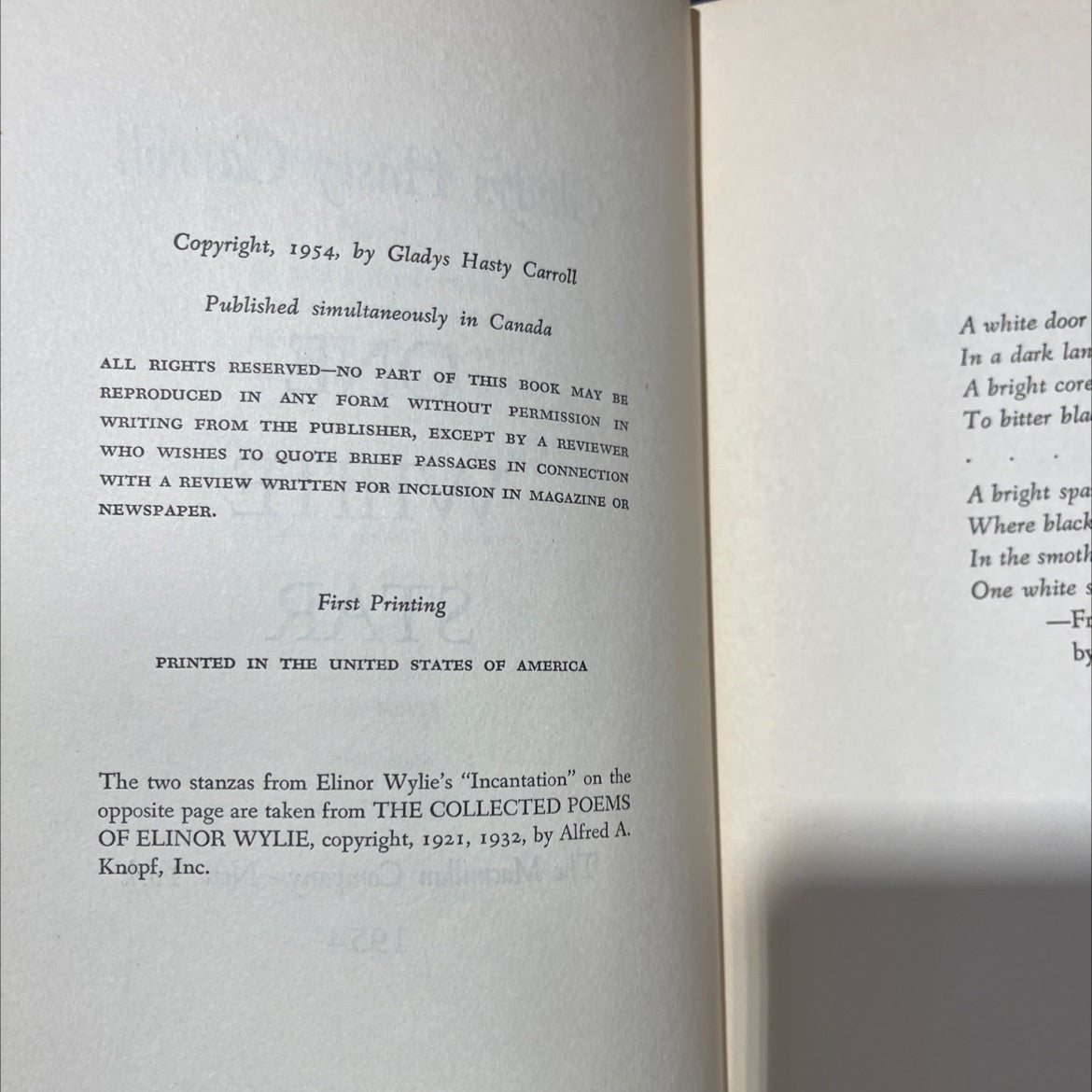 one white star book, by gladys hasty carroll, 1954 Hardcover image 3