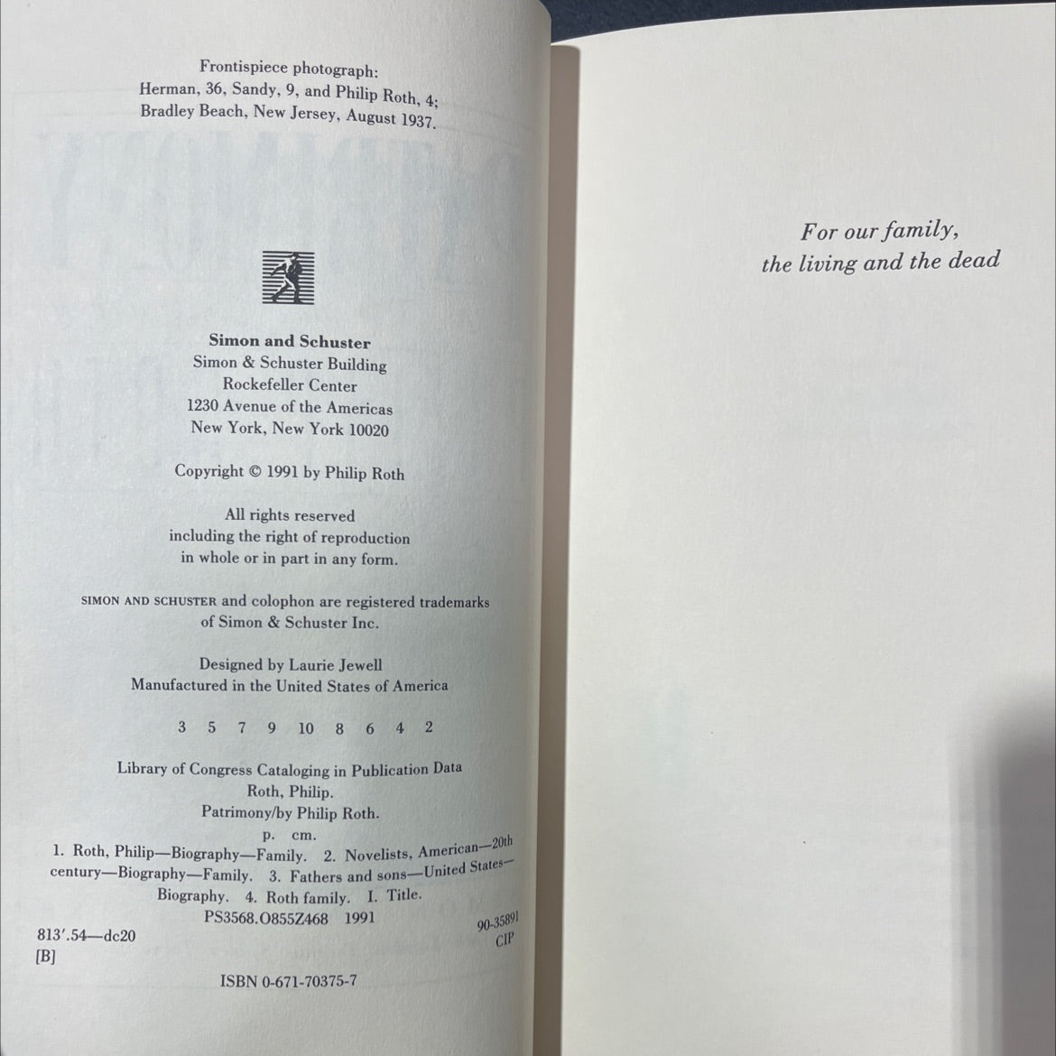 patrimony a true story book, by philip roth, 1991 Hardcover image 3