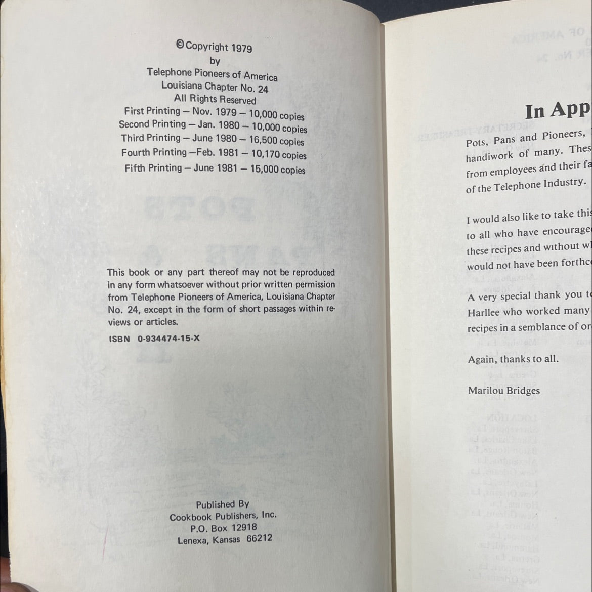 pots pans & pioneers book, by Marilou Bridges, 1981 Hardcover image 3