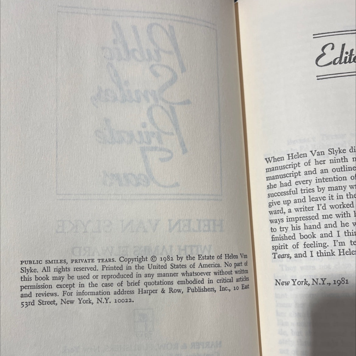 public smiles, private tears book, by helen van slyke with james elward, 1982 Hardcover image 3