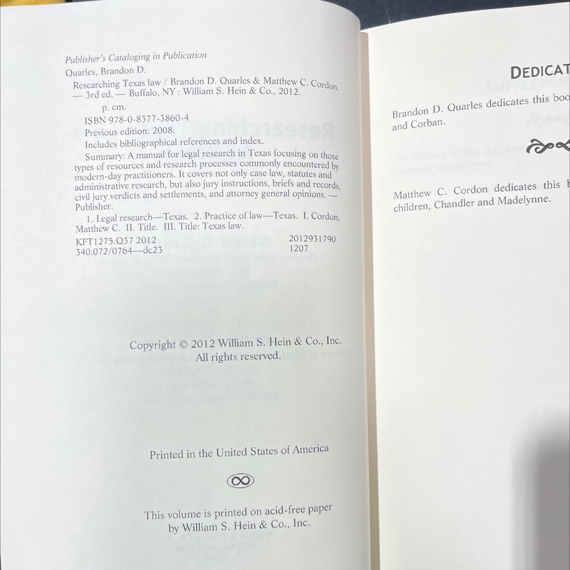 researching texas law book, by brandon d. quarles, matthew c. cordon, 2012 Hardcover image 3