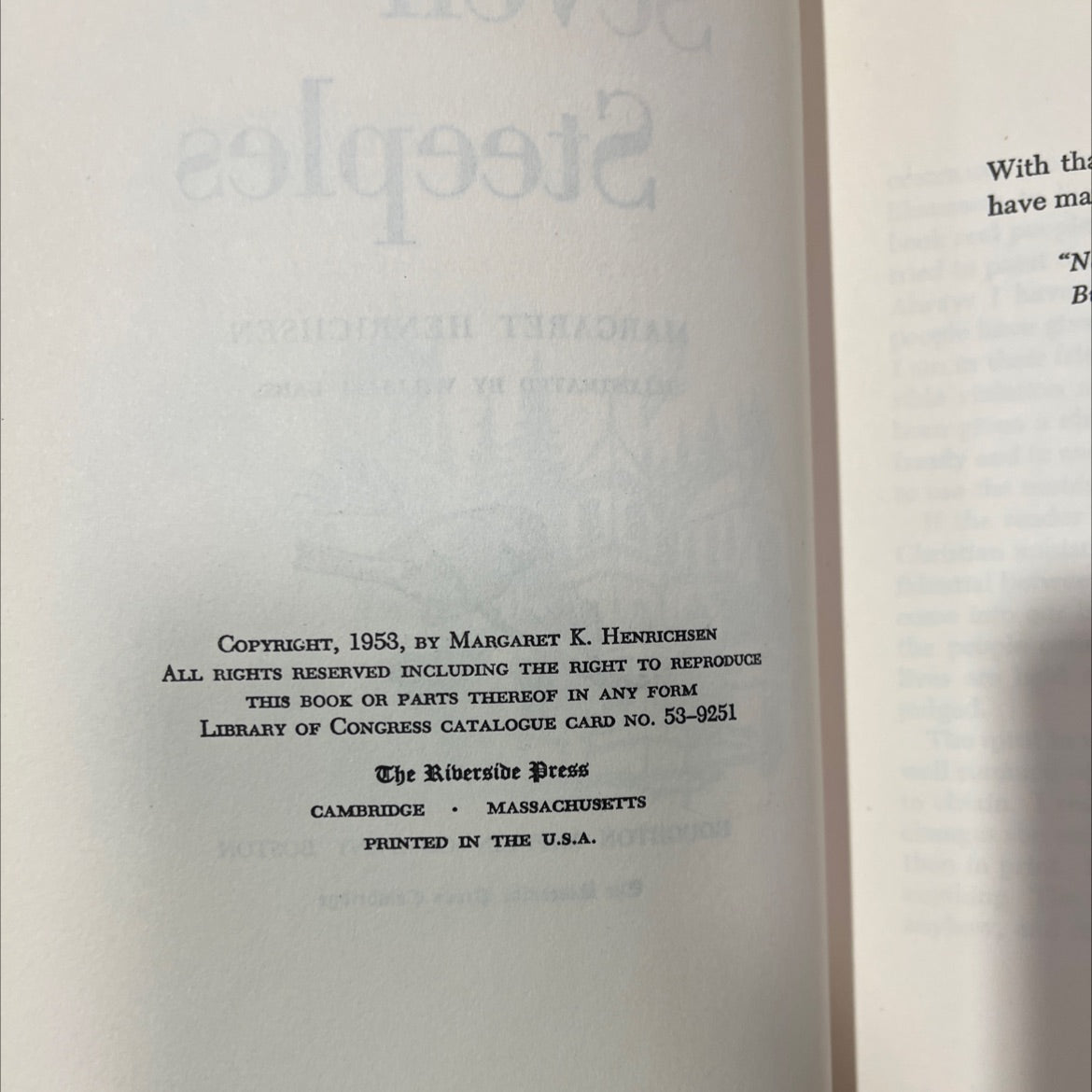 seven steeples book, by margaret henrichsen, 1953 Hardcover, Vintage image 3