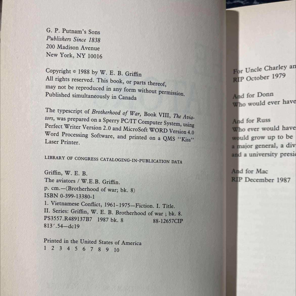 the aviators book, by W. E. B. Griffin, 1988 Hardcover image 3