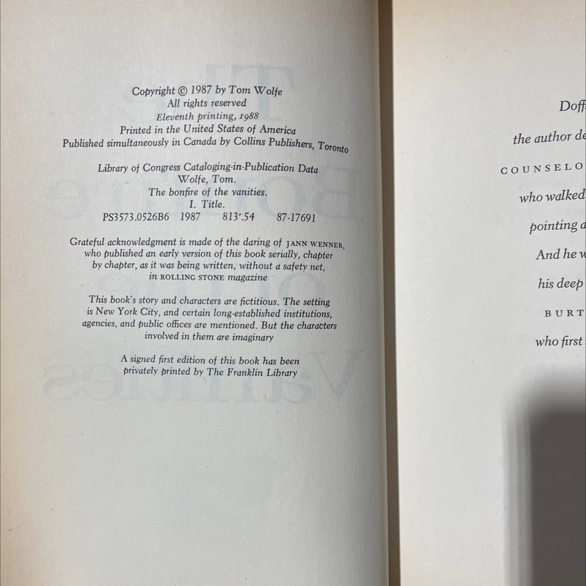 the bonfire of the vanities book, by Tom Wolfe, 1987 Hardcover image 3