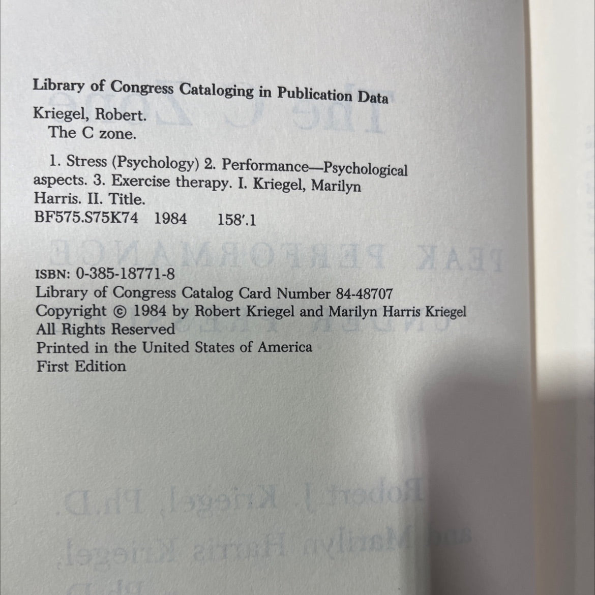 the c zone book, by Robert J. Kriegel, Ph.D. and Marilyn Harris Kriegel, Ph.D., 1984 Hardcover image 3