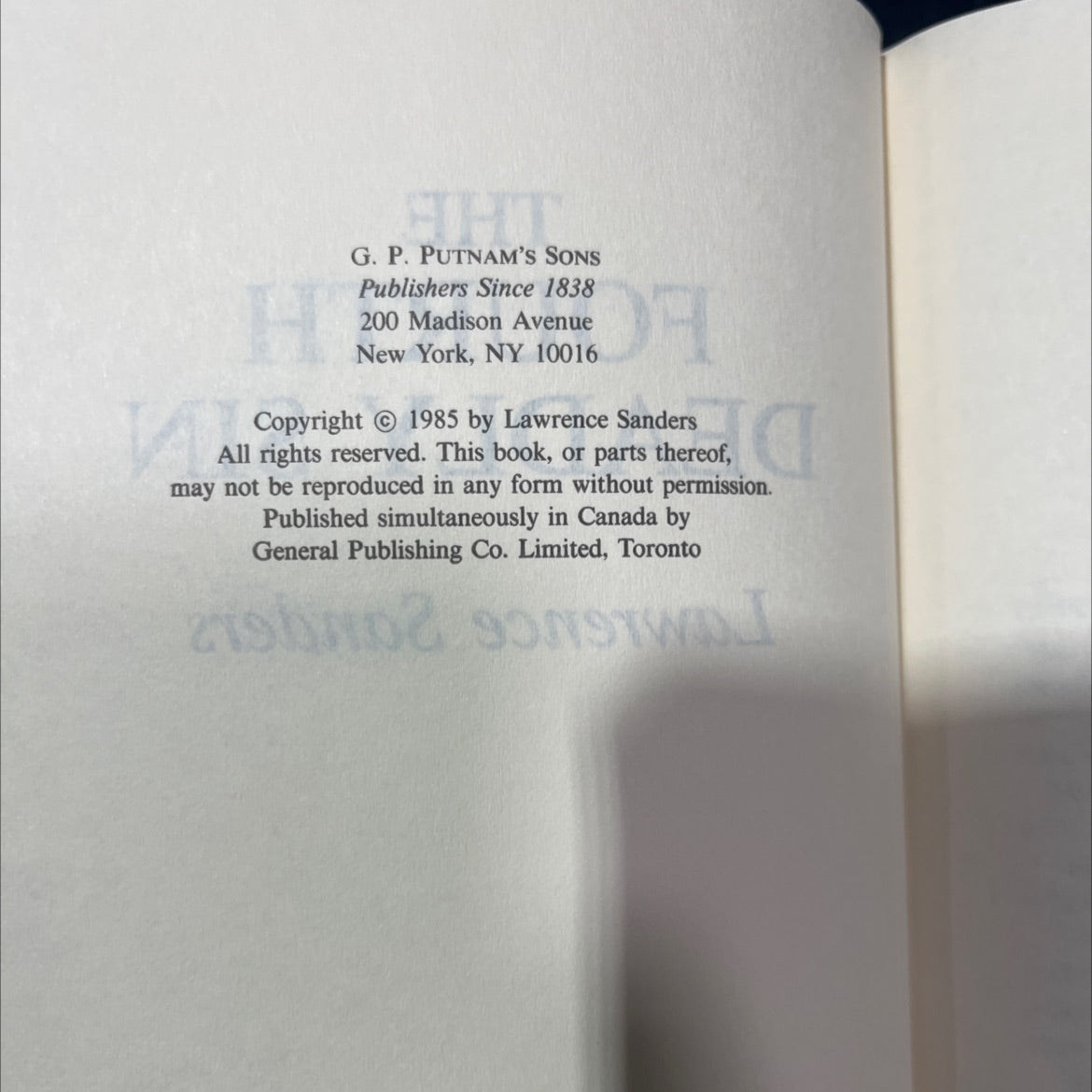 the fourth deadly sin book, by Lawrence Sanders, 1985 Hardcover image 3