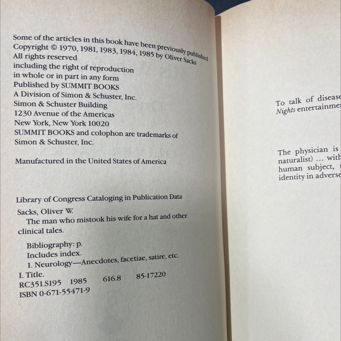 the man who mistook his wife for a hat and other clinical tales book, by oliver sacks, 1985 Hardcover image 3