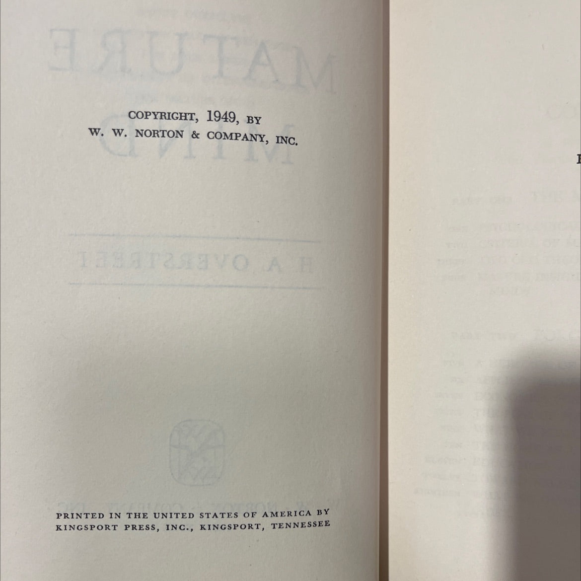 the mature mind book, by h. a. overstreet, 1949 Hardcover, Vintage image 3