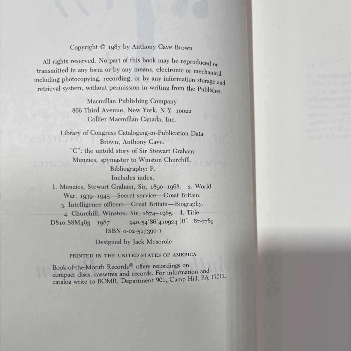 the secret life of sir stewart graham menzies spymaster to winston churchill book, by anthony cave brown, 1987 Hardcover image 3