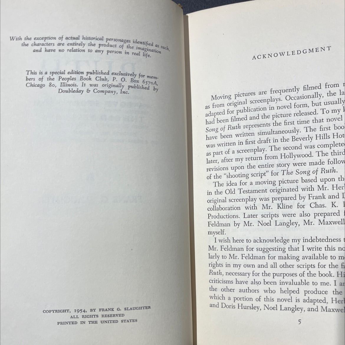 the song of ruth a love story from the old testament book, by frank g. slaughter, 1954 Hardcover image 3