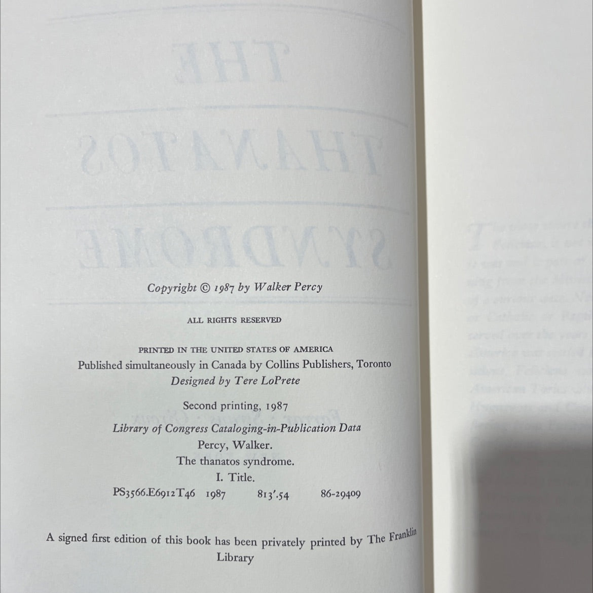 the thanatos syndrome book, by walker percy, 1987 Hardcover image 3