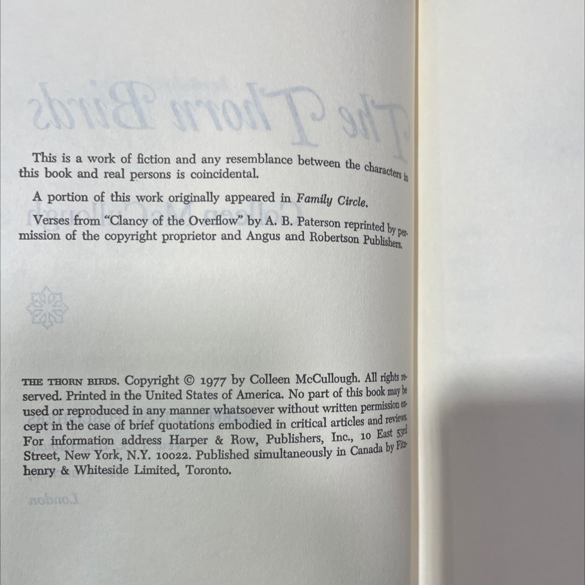 the thorn birds book, by Colleen McCullough, 1977 Hardcover image 3