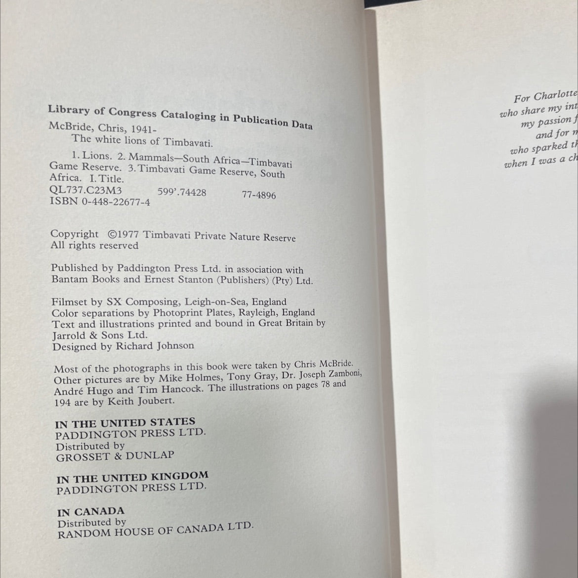 the white lions of timbavati book, by Chris McBride, 1977 Hardcover image 3