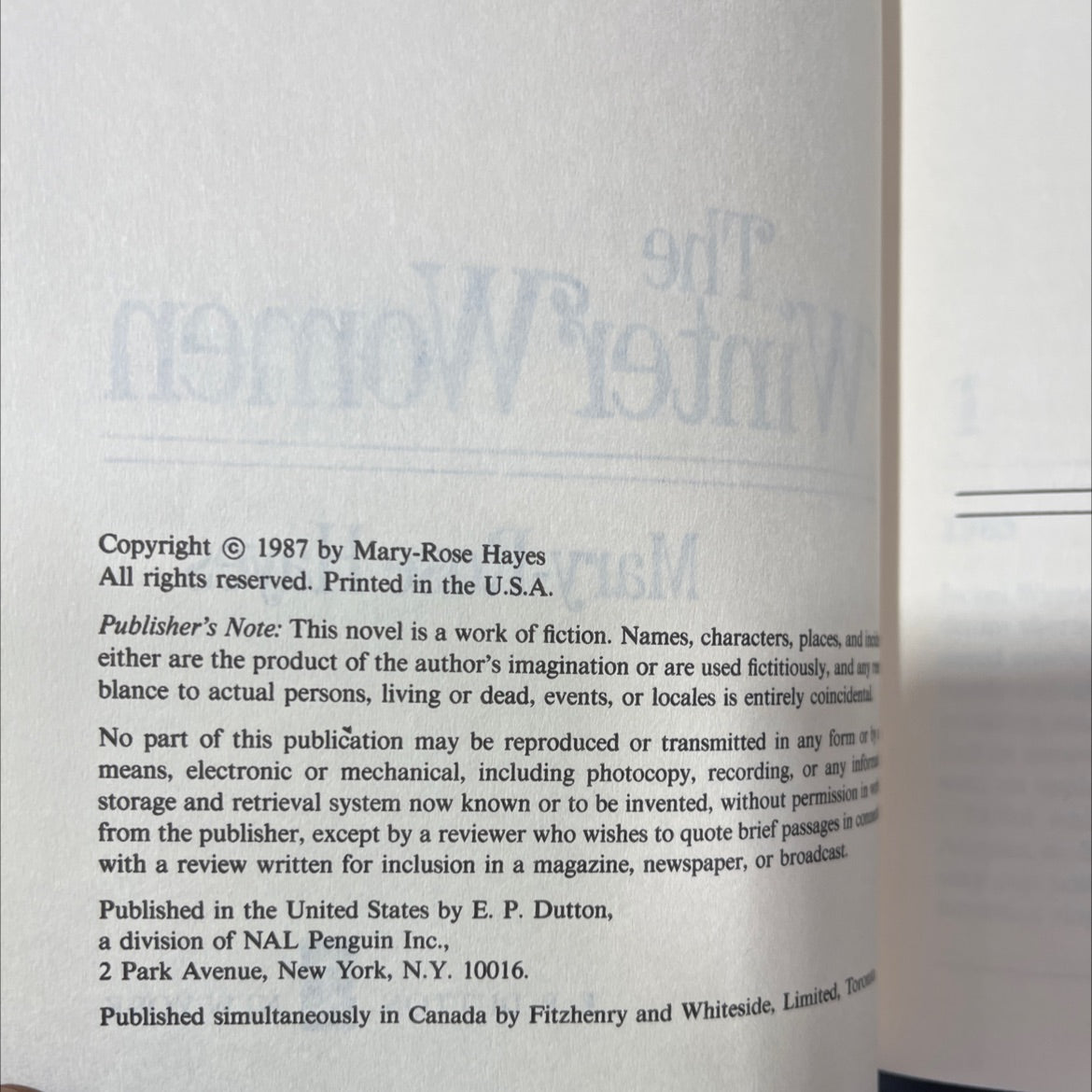 the winter women book, by Mary-Rose Hayes, 1987 Hardcover image 3