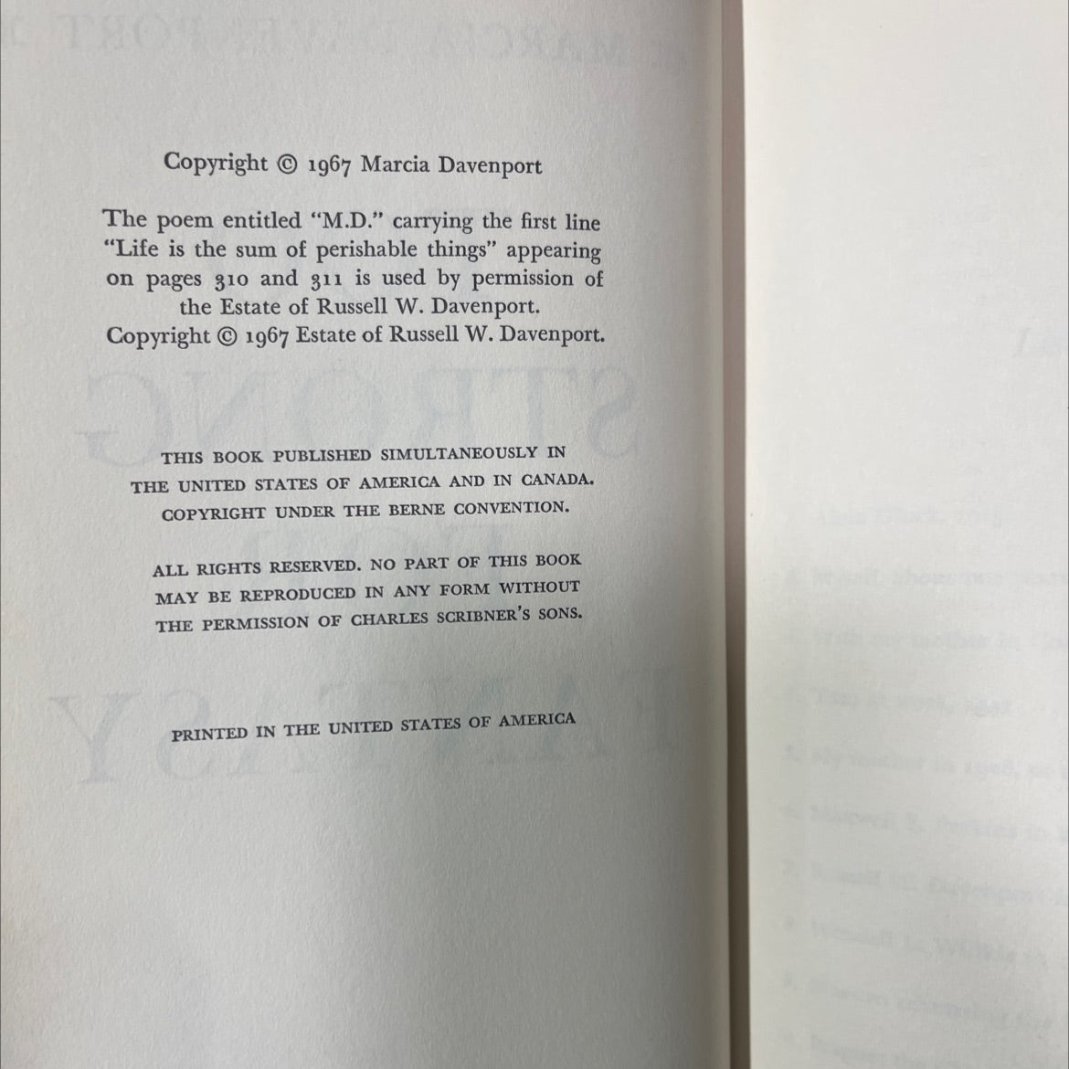 too strong for fantasy book, by marcia davenport, 1967 Hardcover image 3