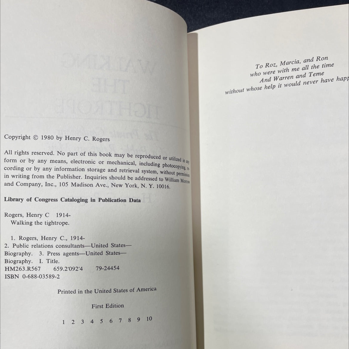 walking the tightrope the private confessions of a public relations man book, by Henry C. Rogers, 1980 Hardcover, image 3