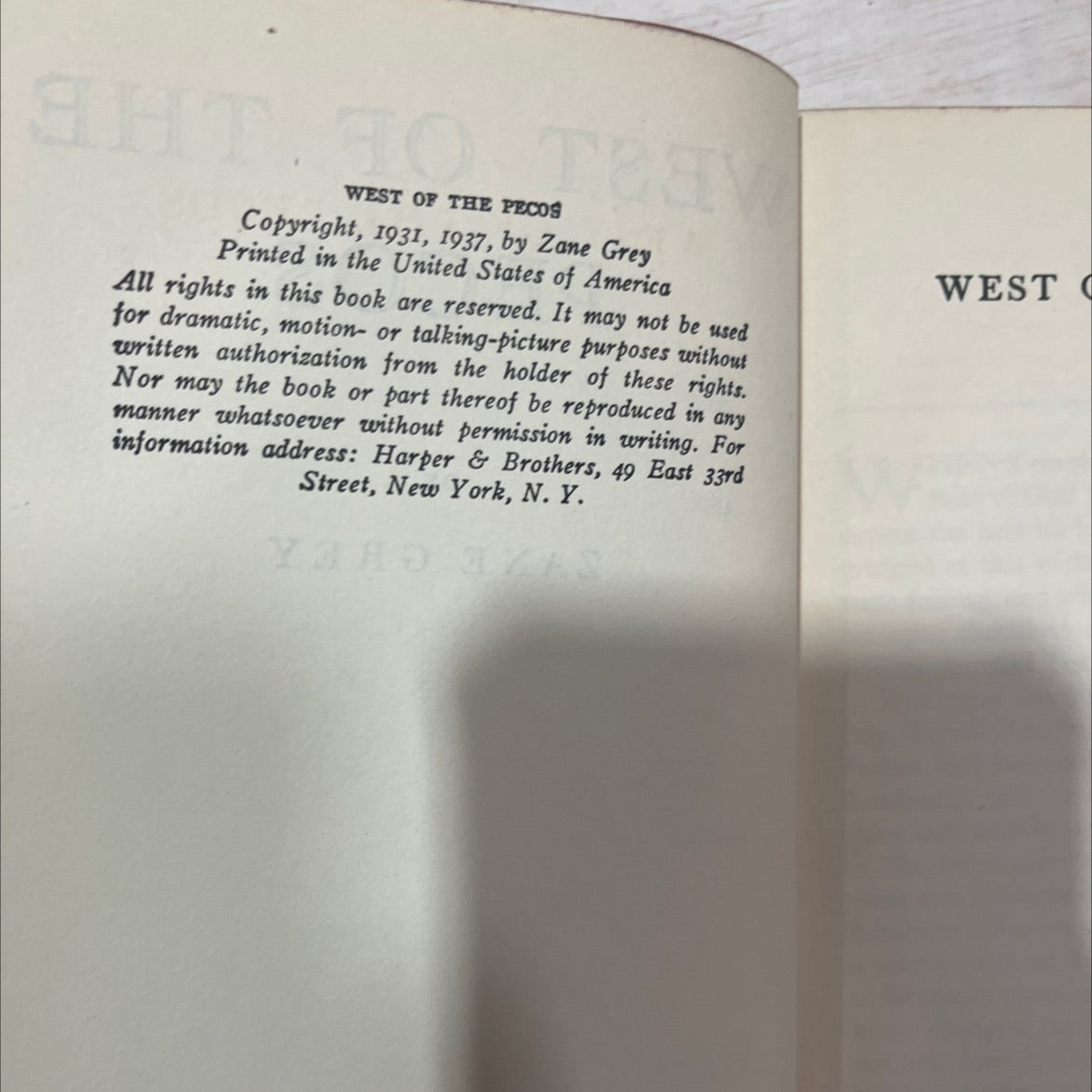 west of the pecos book, by zane grey, 1937 Hardcover, Antique image 3