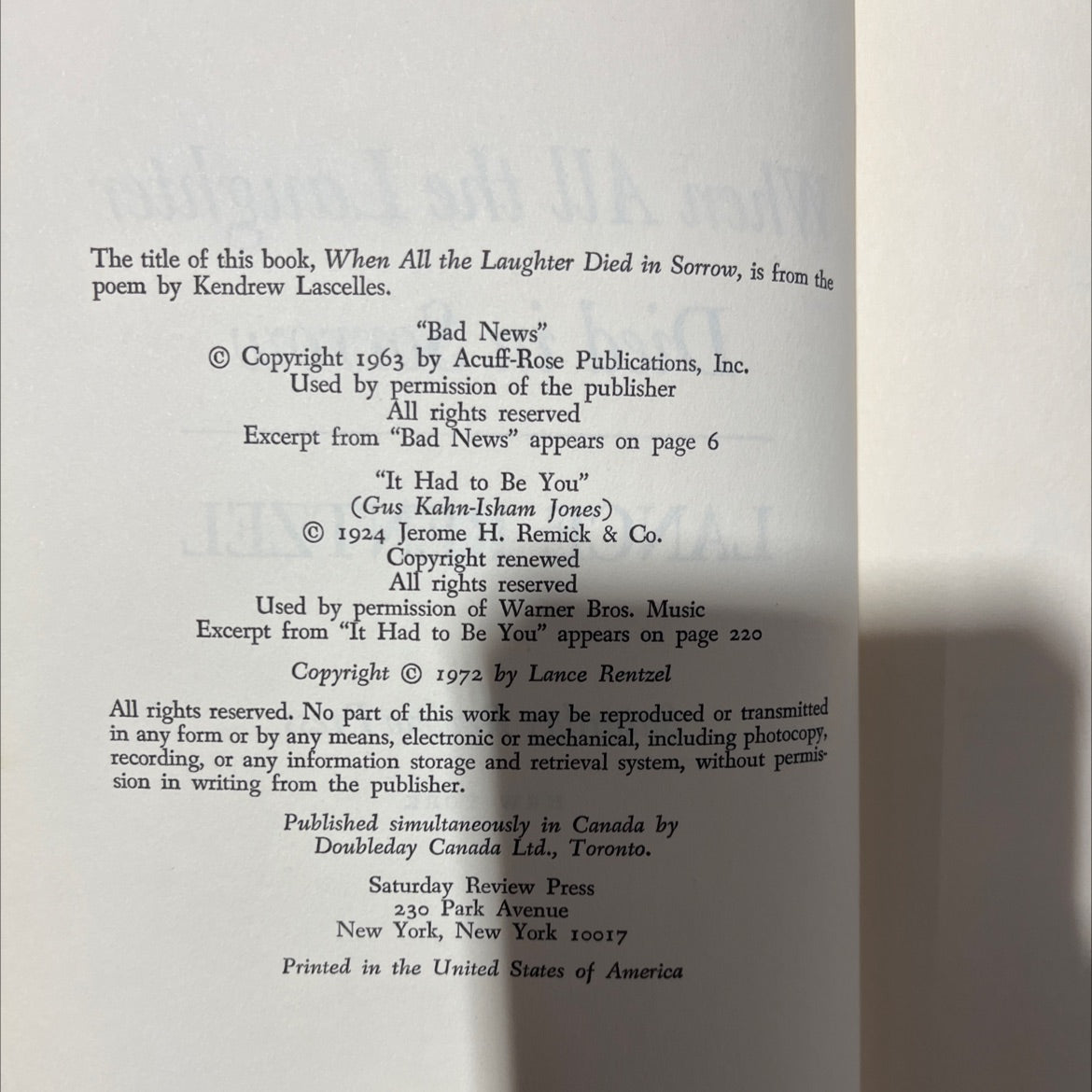 when all the laughter died in sorrow book, by lance rentzel, 1972 Hardcover, Vintage image 3