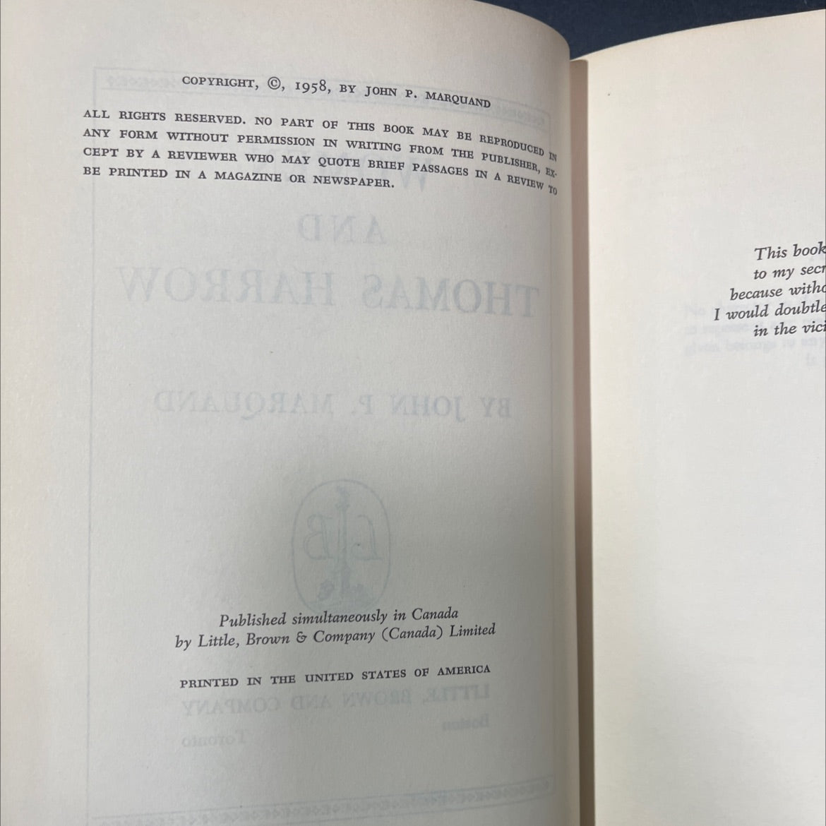 women and thomas harrow book, by john p. marquand, 1958 Hardcover image 3